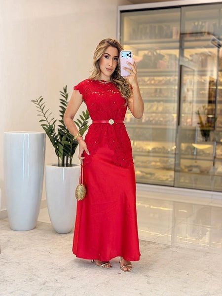 Vestido Seda com Capa de Guipir